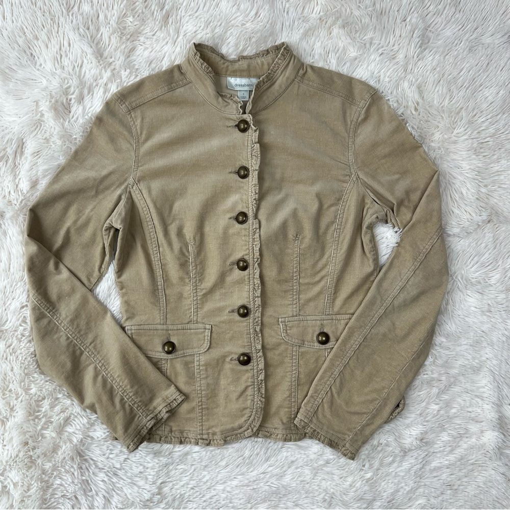 Dress Barn tan corduroy jacket button front ruffle collar hem cuffs Sz S